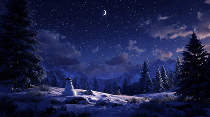 Serene Winter Night with Snowman, winter landscape under a clear, starry night sky with a crescent moon. Snow-covered pine trees line the edges of the scene, majestic mountains.