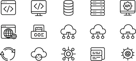 Collection of Outline Icons Related to Technology Cloud Computing and Application Programming Interfaces for Modern Software Development