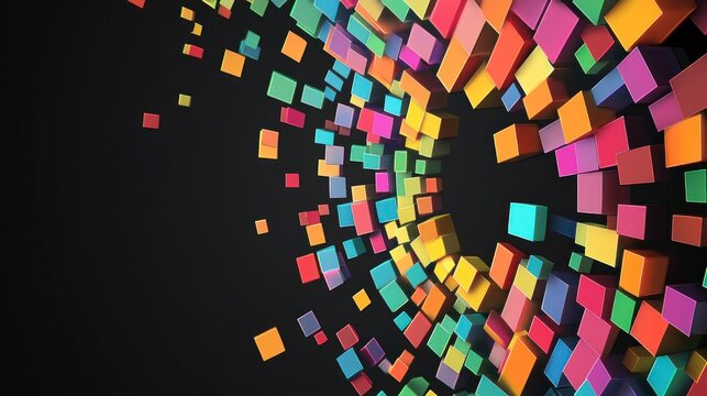 Colorful exploding blocks radiating outwards on a dark background