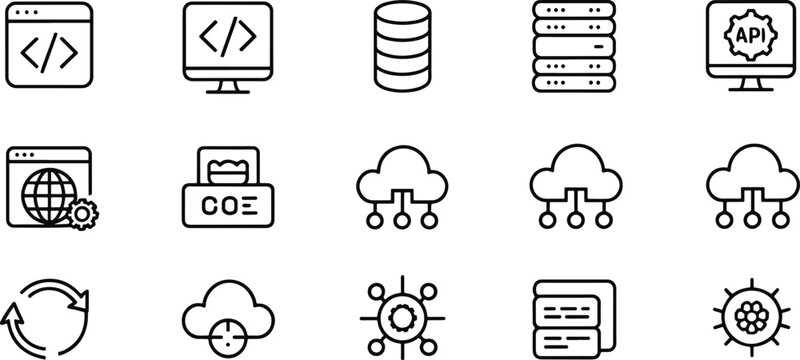 Collection of Outline Icons Related to Technology Cloud Computing and Application Programming Interfaces for Modern Software Development