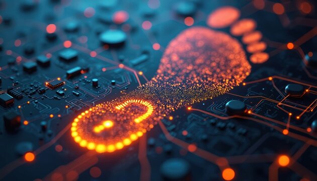 Footprint data on electronic circuit. Digital footprint on computer motherboard. Concept of digital identity with microchips, network connection, data stream. Internet security. Personal data