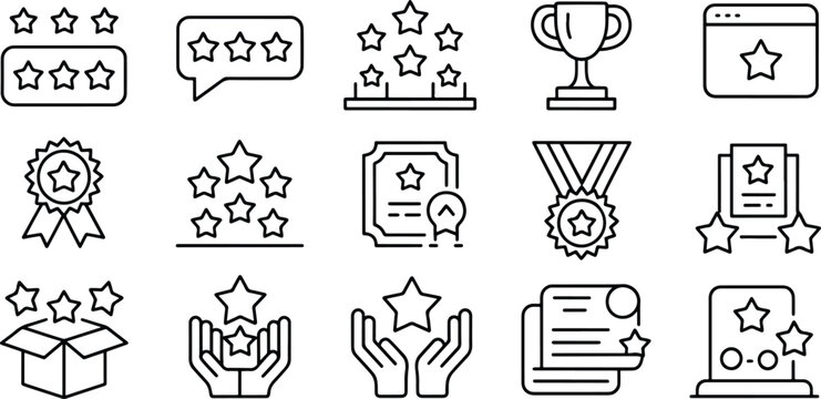 Collection of Star Related Icons Representing Achievements and Positive Feedback in Business and Marketing