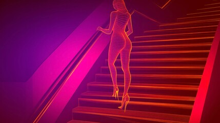 Obraz premium Woman ascending stairs, futuristic wireframe style