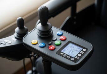 Close-up detail of powered wheelchair joystick control interface
