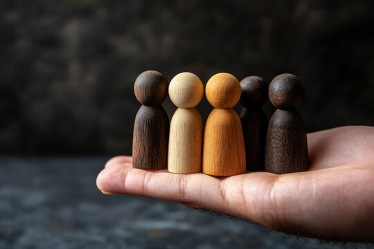 Hand of Unity: A hand cradles a group of wooden figures of various skin tones, symbolizing togetherness, diversity, and mutual support in a complex world.