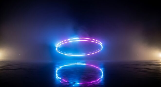 Two intertwined neon rings, one blue and one pink, emit a vibrant glow in a smoky, atmospheric environment with bright lights in the background