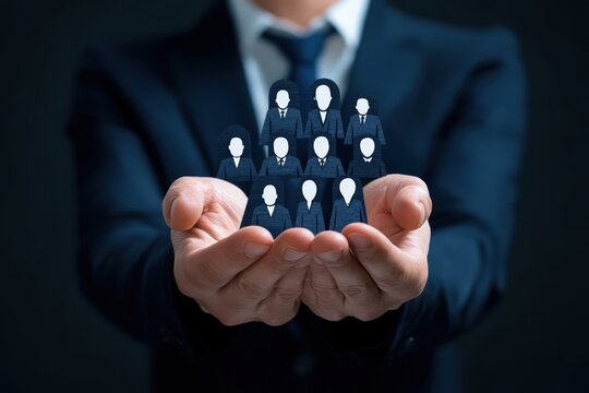 Supporting the Team: A business leader cradles a team of miniature figures in his hands, representing unity and teamwork within a corporate structure.