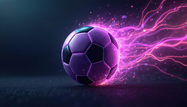 Dynamic photo of a glowing soccer ball with neon trails. The purple ball emits light with vibrant energy. Soccer game sport concept with dynamic motion illustration. - Powered by Adobe