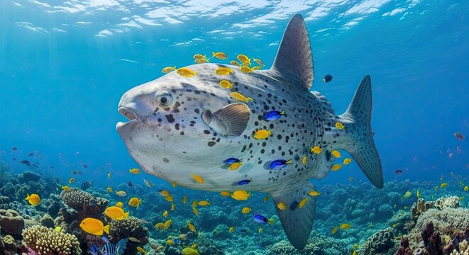 Ocean sunfish surrounded by small colorful fish in clear blue water. - Powered by Adobe
