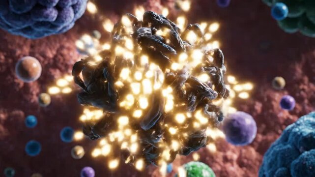 Cinematic animation inside a cell where a cleanup crew of particles dissolves a misfolded protein aggregate.