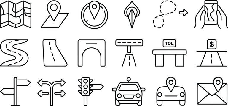 Line art icons related to navigation travel and transportation for web design and apps with map road and destination