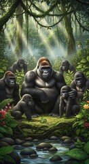 Obraz premium Gorilla family group in lush tropical jungle environment illustration