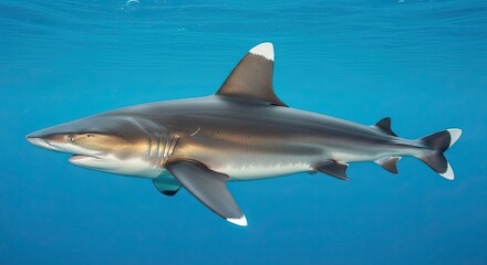 Fototapeta premium Oceanic Whitetip Shark Swimming Gracefully in Clear Blue Water.