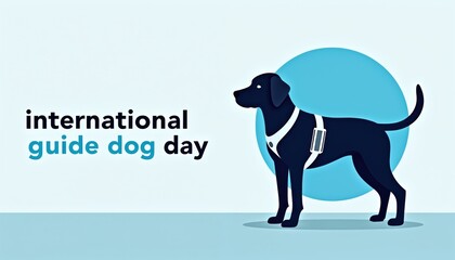 Obraz premium Minimalist illustration for International Guide Dog Day. A dark silhouette of a guide dog wearing a harness stands against a blue circle. Text reads International Guide Dog Day.
