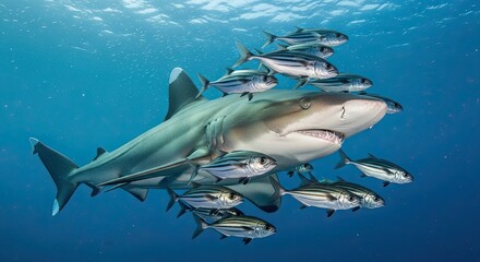 Fototapeta premium Oceanic Whitetip Shark Swimming with Pilot Fish in Clear Blue Water.