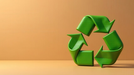 A vibrant green recycling symbol is prominently displayed against a soft beige background, creating a visually appealing composition with ample copy space for text or branding elements