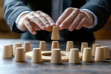 Building Strategic Focus: A close-up view highlights the focused intent as a business executive positions a key element within a wooden structure, symbolizing strategic planning.