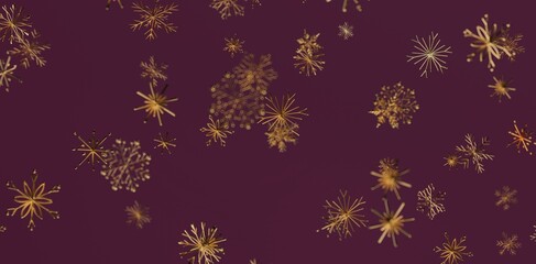 Abstract design of golden snowflakes falling on a dark red background. Perfect for Christmas, New Year, winter themes, and festive decorations.
