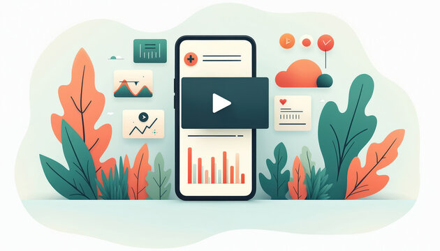 Mobile phone screen displays video, with bar chart below. Interactive floating cards show data analytics, cloud storage, social media stats, content icons. Digital app helps users with online
