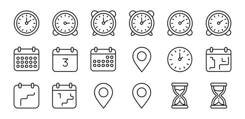 Time management icons for productivity planning including clocks calendar location pins and hourglass designs offering scheduling and reminders