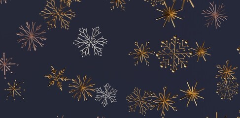 Christmas and New Year's background with gold, silver and rose gold snowflakes on dark blue. Ideal for holiday designs and winter celebrations.