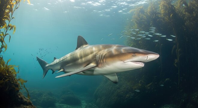 Sand tiger shark gracefully swimming underwater in clear ocean waters.