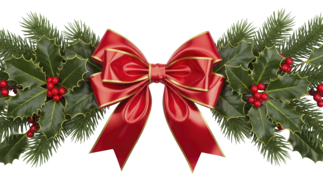 Festive red satin bow with golden trim and traditional green holly leaves and red berries, flanked by pine branches, on a transparent background, PNG image, PNG file
