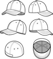 Baseball cap design illustration, multi-angle views, stitching and panel details, adjustable strap mockup, headwear template, cad drawing flat vector illustration