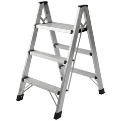 Silver aluminum folding step ladder with three steps for home improvement and utility tasks