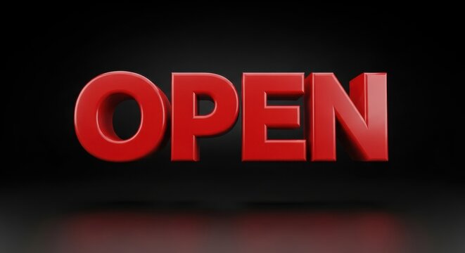 Bold red 'Open' inscription against a dark background, business announcement