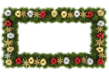 Christmas garland frame with red gold silver ornaments and stars on a transparent background, PNG image