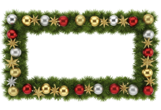 Christmas garland frame with red gold silver ornaments and stars on a transparent background, PNG image