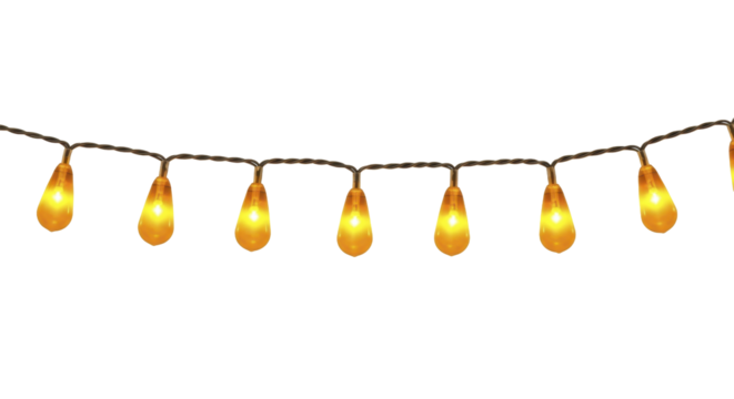Festive string lights with warm yellow glow on a transparent background, PNG image, PNG file