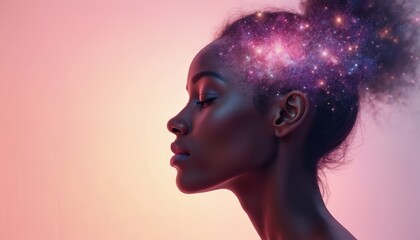 Profile view of black woman with galaxy in her hair. Serene expression, closed eyes. Soft pink gradient background. Represents imagination, ideas, dreams, or the cosmos.