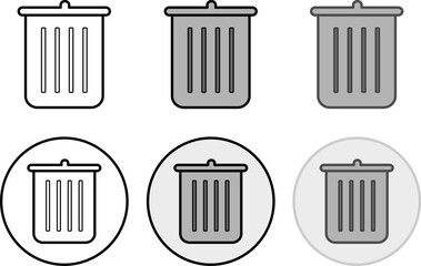 A collection of six simple trash can icons for user interface design. This vector set includes outline and filled styles for delete or remove buttons