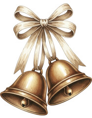  New Year Golden Bells with Watercolor Ribbon Bow on a Transparent Background PNG Image