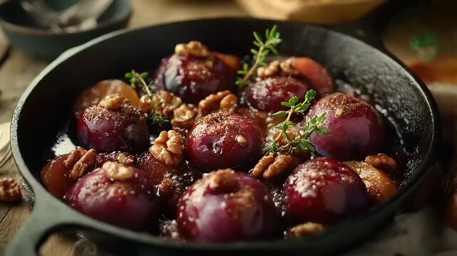 Baked plums with walnuts and thyme in cast iron skillet
