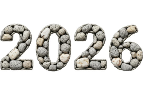New Year 2026 number formed by natural stones on a transparent background PNG image