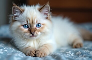 Obraz premium Adorable Ragdoll kitten lies on blanket. Beautiful cat has bright blue eyes. Fluffy pet looks at camera. Cute domestic animal enjoys home comfort. Kitten portrait in soft light.