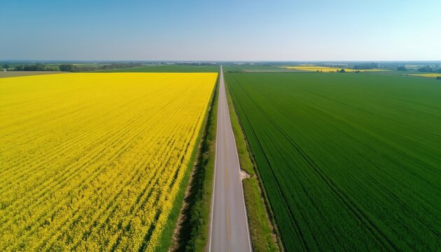 Straight road splits green field from yellow canola at rural farmland. Aerial view of crop plantation. Agricultural fields with asphalt path. Nature landscape with cultivated plants during daytime.
