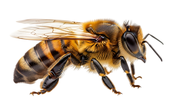 Isolated flying honey bee , a stunning bee is flying, isolated on transparent background, macro, incredible pollinator