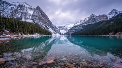 Fototapeta premium Alpine Lake Reflection with Snow Capped Mountains and Cloudy Sky in Winter Landscape