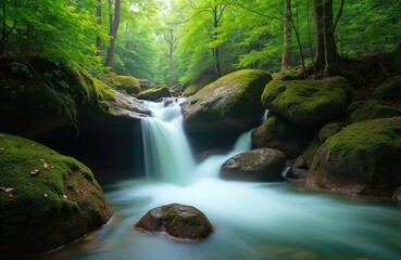 Obraz premium Small waterfall flows among green forest trees. Water stream falls down from mossy rocks. Landscape of nature with cascade in woodland. Long exposure photo shows flowing water.