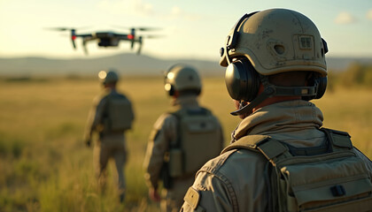 Soldiers in uniform stand in open field during day. Drone flies overhead for surveillance. Military personnel use advanced tech for mission operations. Ground troops observe aerial robot for recon.