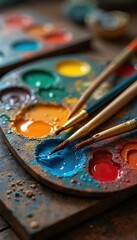 Obraz premium Artist wooden palette holds bright oil paints. Brushes rest on colorful pigments. Creative tools for painting, drawing, craft art. Still life shows pro creative workspace for artist to create art.