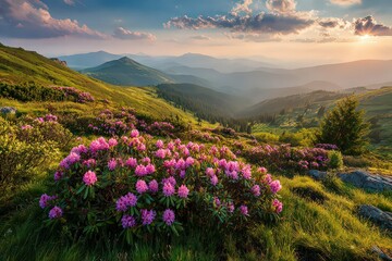 Scenic Mountain Landscape with Pink Flowers under Sunset Sky