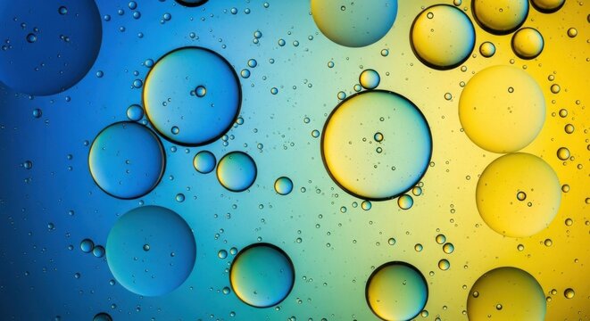 Oil droplets suspended in liquid create a visually engaging and dynamic abstract display of color