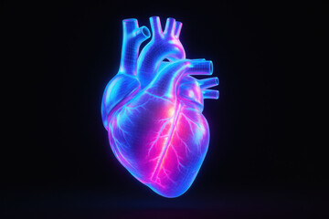 Glowing digital human heart with neon blue and pink light, futuristic cardiovascular organ anatomy on black background