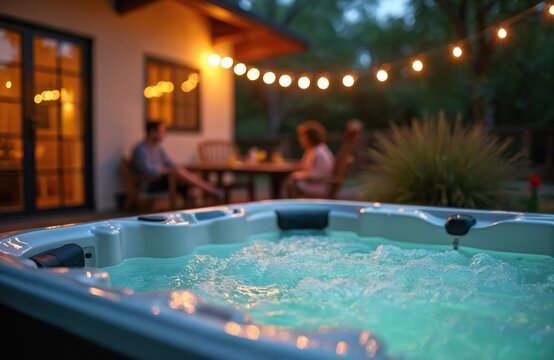 Bubbling hot tub with string lights creates cozy backyard scene. People relax near house in evening. Warm water invites leisure and comfort for family or friends.