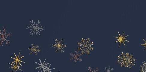Elegant winter illustration with 3D snowflakes in gold, silver and bronze colors against a dark blue background. Perfect for holiday